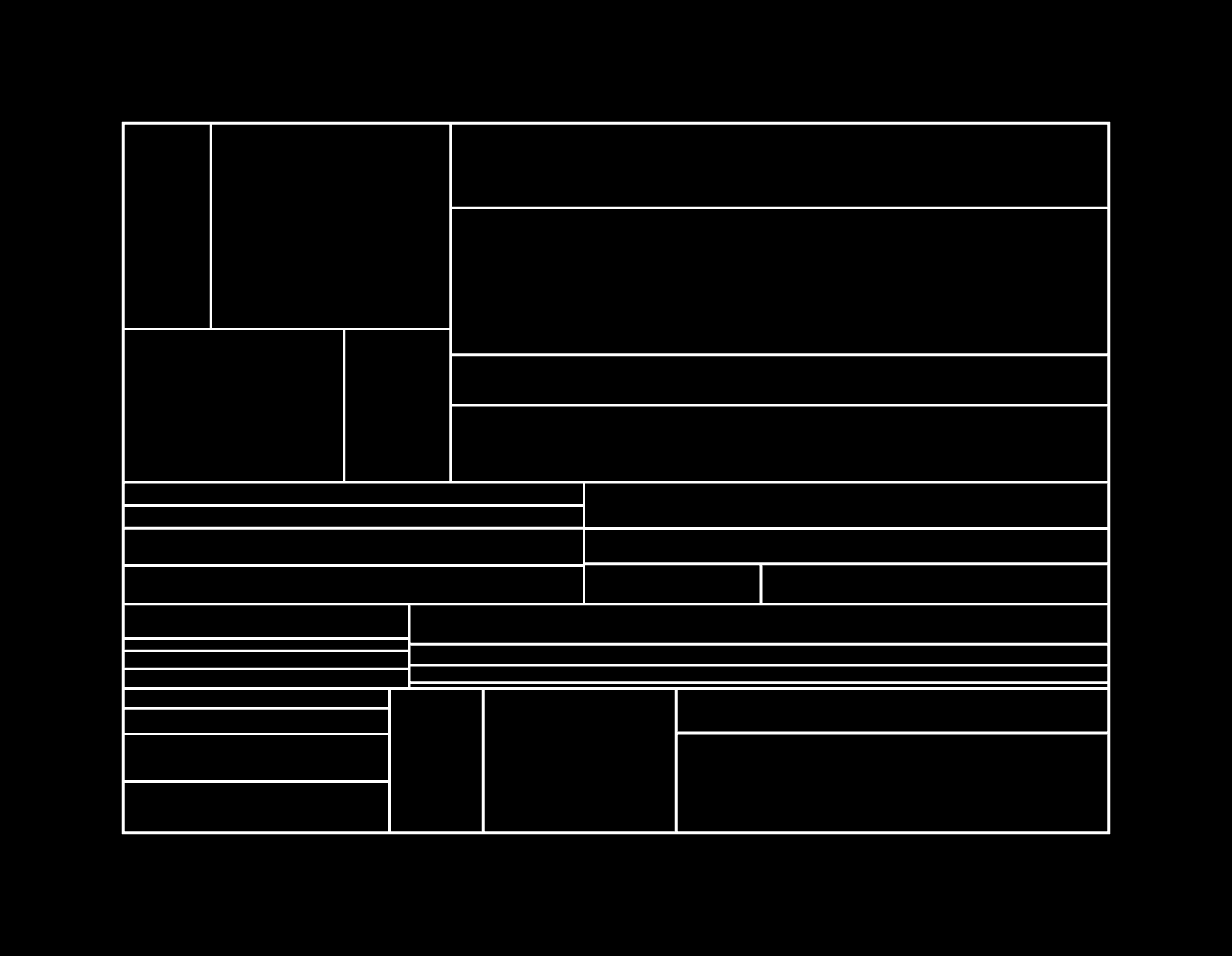 A grid structure, where an initial rectangle is subdivided into smaller rectangles recursively